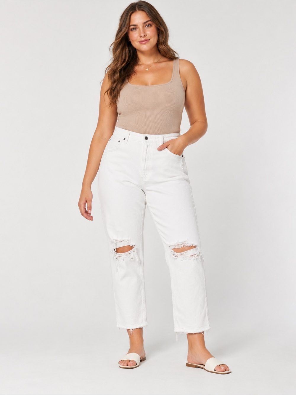 Abercrombie & Fitch Curve Love The Mom High Rise Distressed White Jeans 32/14S